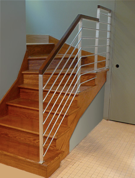 Polished Stainless and Oak Stair Railing &ndash; Lower Level