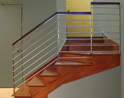Polished Stainless and Oak Stair Railing &ndash; Lower Level